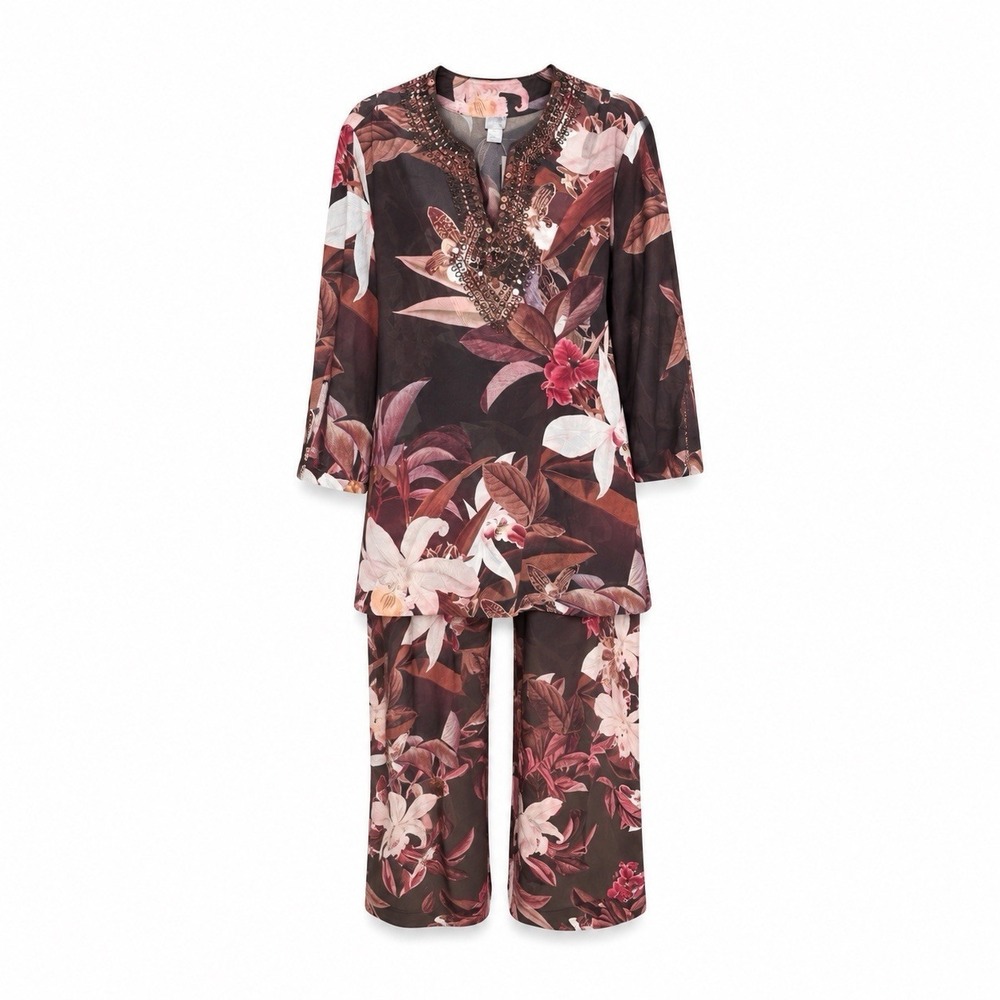Chicos Floral Cruise Resortwear Set Beaded Tunic Wide Leg Pants 0 0.5R